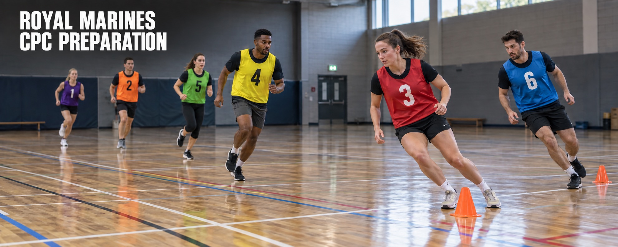 Royal Marines CPC preparation: candidates practising a bleep test in a sports hall