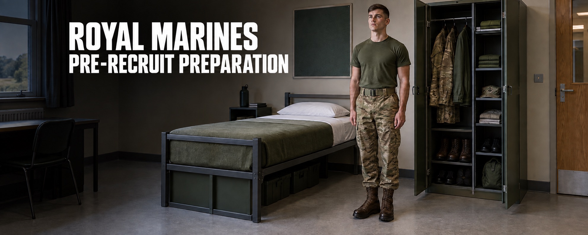 Royal Marines pre-recruit preparation: a recruit standing beside a bed and open locker